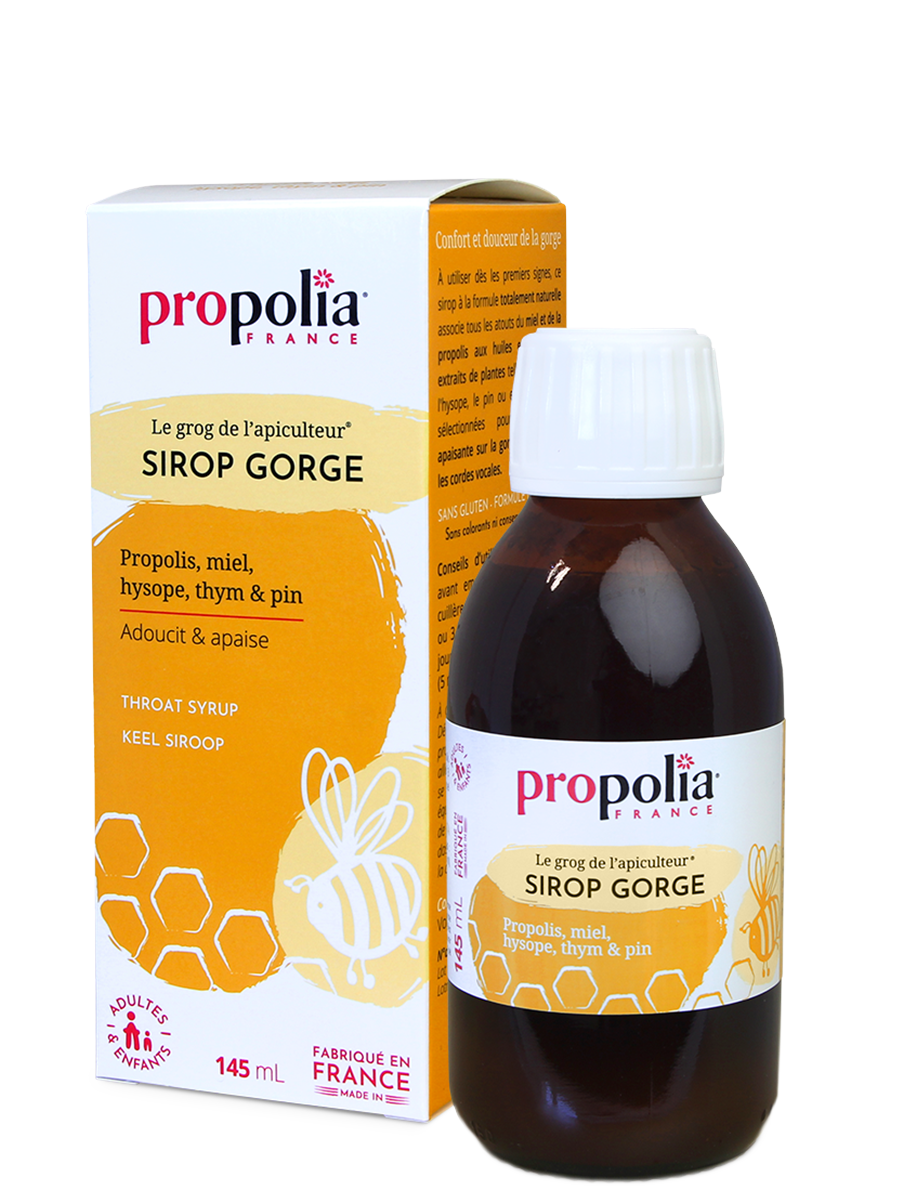 sirop-gorge Sirop gorge : Propolis, miel, hysope, thym et pin