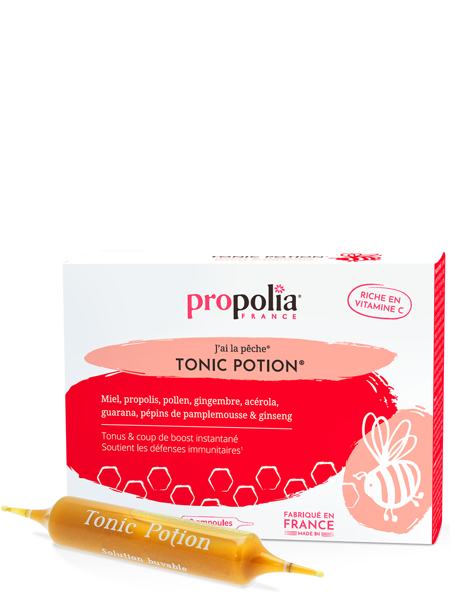 Tonic Potion : Miel, propolis, pollen, gingembre, acérola, guarana, pépins de pamplemousse et ginseng